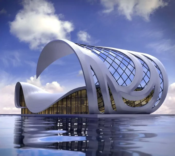 An AI generated image of a building surrounded by water
